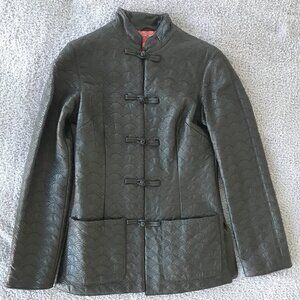 Shanghai Tang Embroidered Brown Leather Coat Silk Lining Sz 2